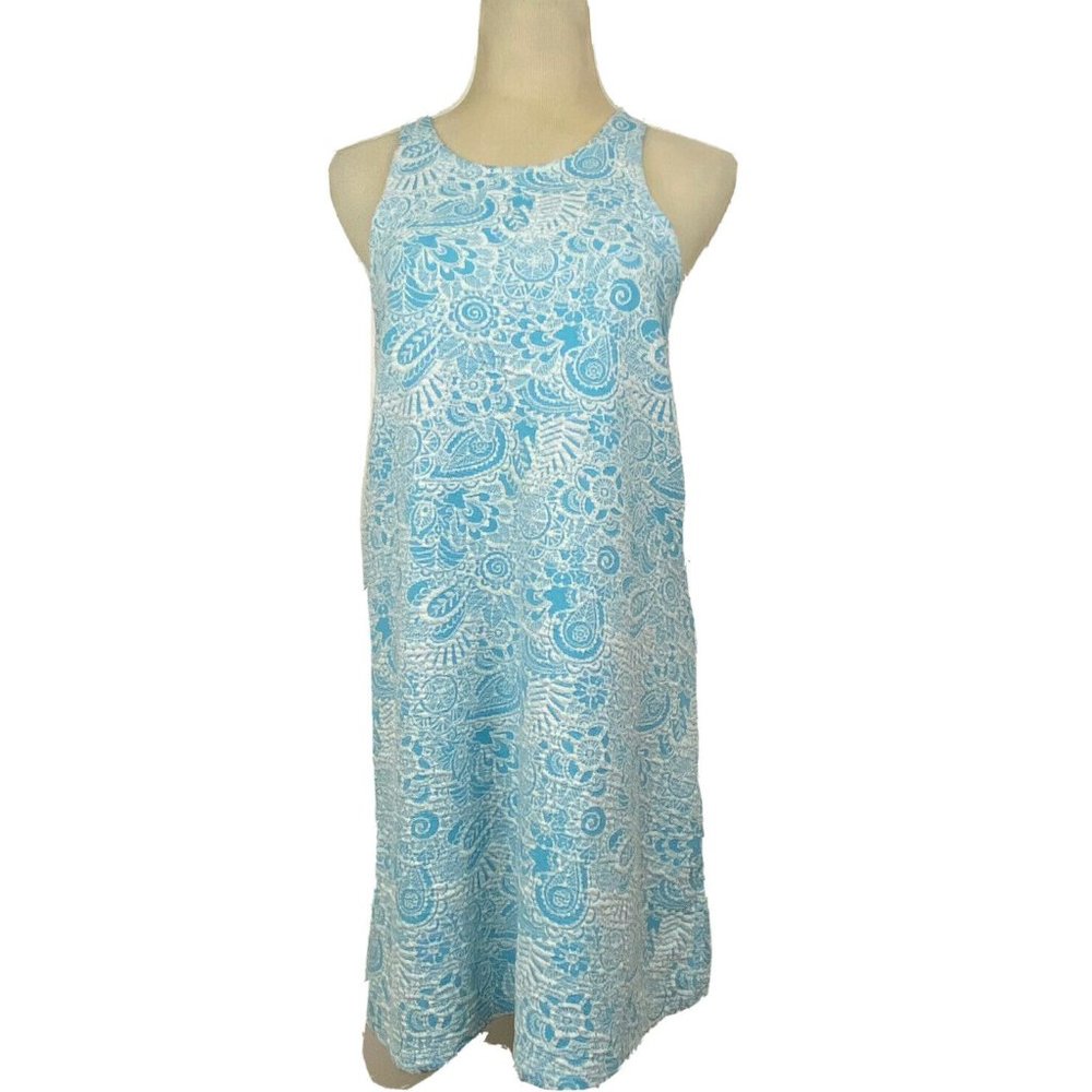 Zara Trafaluc Shift Dress Womens Medium Blue White Paisley Jacquard Open Back